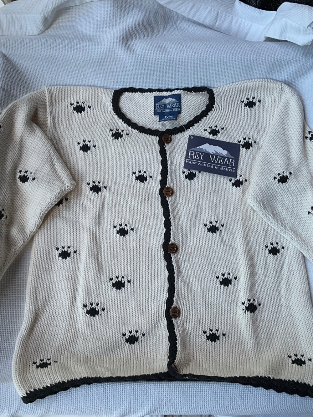 Hand knitted. Dog paw design Cotton sweater w/wood buttons. M. New!